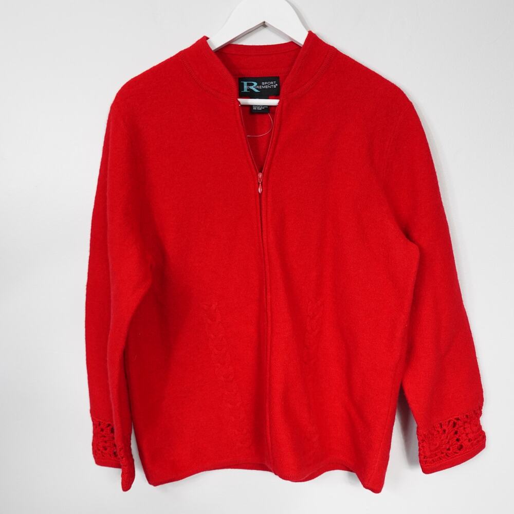 Vintage Red Wool Crochet Sleeve Sweater Zip Jacket Grandma Granny Grandpacore